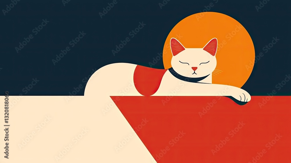 Aufkleber Geometric pattern design abstract background idea. A serene illustration of a resting cat with a warm, colorful background.