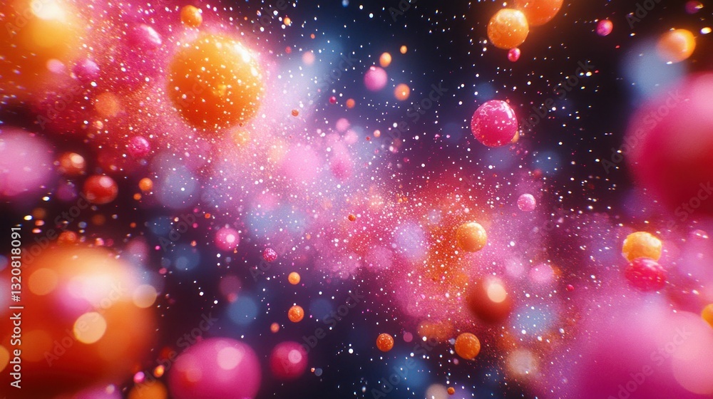 Poster colorful abstract spheres in motion against a dark background, filled with shimmering particles. a d