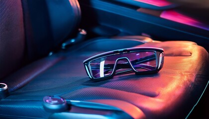 Futuristic sunglasses rest on a car seat, illuminated by colorful lighting, showcasing modern style and design.