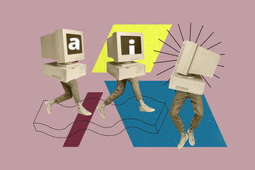 Composite image artwork 3D collage of virtual reality modern service support ai job human resources...