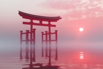 Image of a red torii gate reflected in calm water during a soft sunrise in a misty setting
