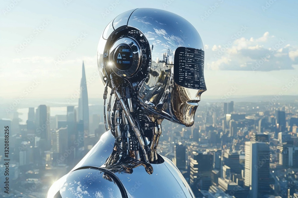 Poster futuristic chrome robot with digital display, standing tall against a cityscape background, symboliz