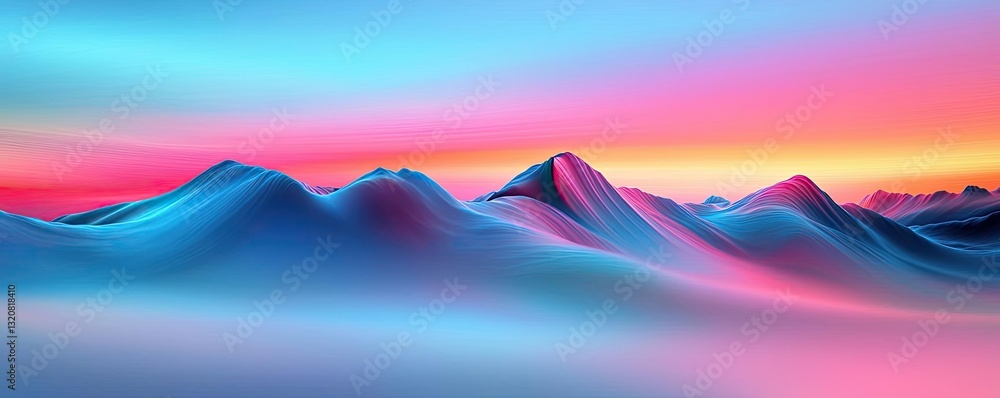 Poster 3D abstract art background concept. Vibrant undulating hills under a surreal sunset, blending soft colors and tranquil vibes.