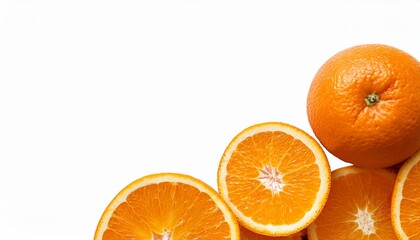 신선한 오렌지 한 개와 옆에 슬라이스된 조각이 배치된 PPT 배경이미지