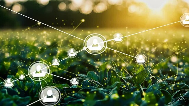 Smart agriculture innovation in a field with a network of connected human icon