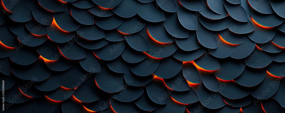 Poster Geometric pattern design abstract background idea. A close-up view of textured scales in dark shades with a hint of orange glow.
