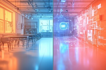 A dual perspective image showcasing a traditional classroom and a futuristic digital space, highlighting the evolution of education and technology integration.