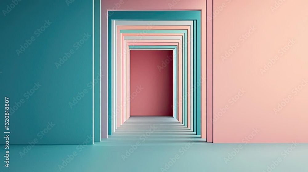 Poster Geometric pattern design abstract background idea. A vibrant corridor with layered colorful walls creating depth and perspective.