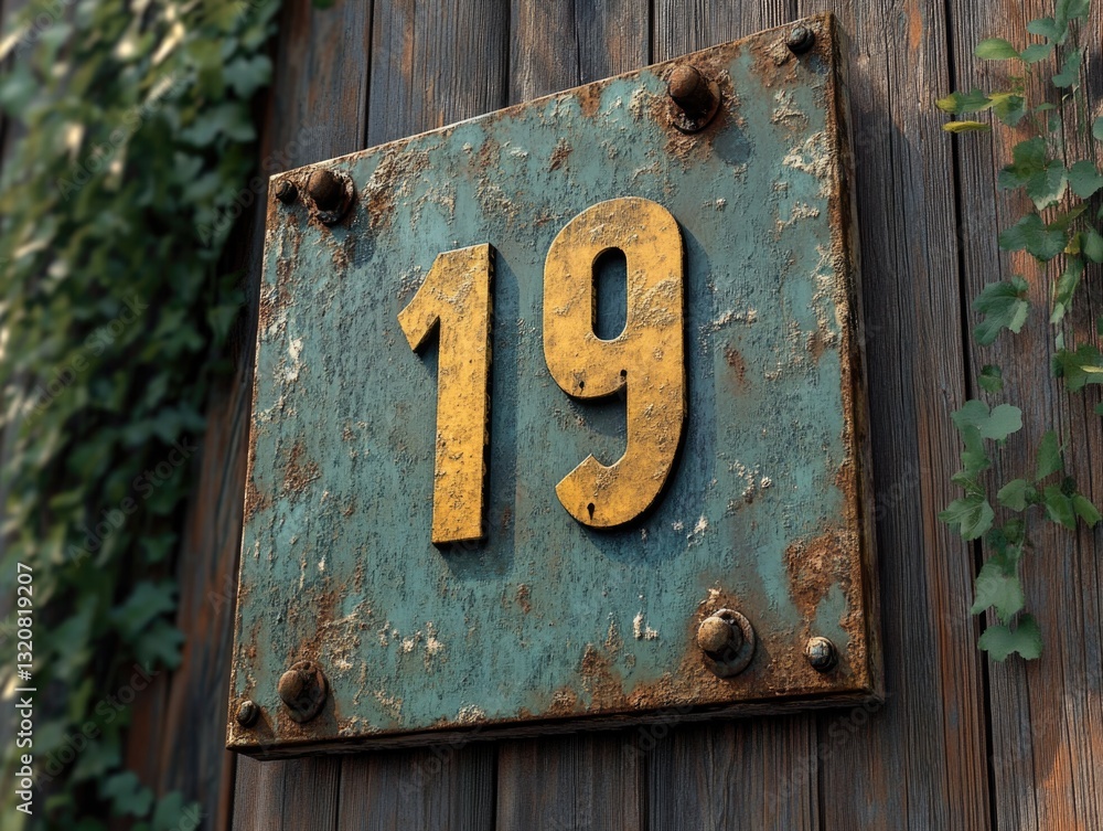 Poster A wooden building with the number 19 on its side, useful for property identification or as a background element