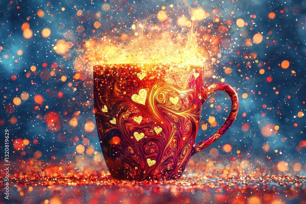Poster whimsical teacup filled with glowing sparkles and adorned with heart patterns, set against a dreamy 