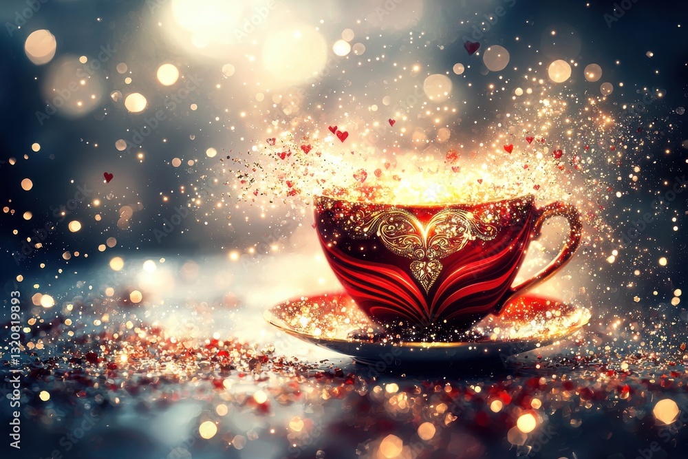 Poster enchanting red teacup adorned with golden heart design, surrounded by sparkling lights and floating 
