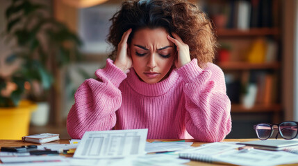 Stressed young hispanic female examining bills at home office desk with frustration