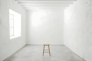 White room with smooth stucco walls, clean concrete floor, and one simple wooden stool.