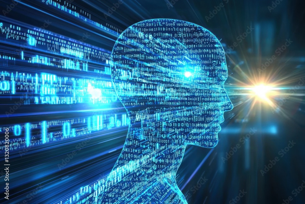 Poster futuristic digital representation of a human head filled with binary code, illuminated by a bright l