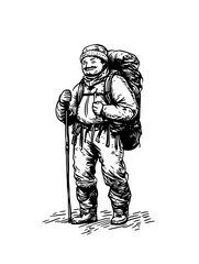 Engraved vector illustration of a rugged hiker ready for an adventure in the wilderness with a heavy backpack and trekking pole