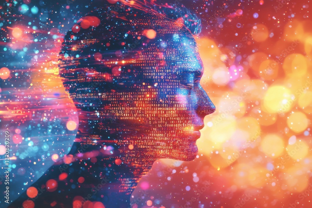 Poster abstract human face silhouette filled with binary code and data streams, set against a vibrant bokeh