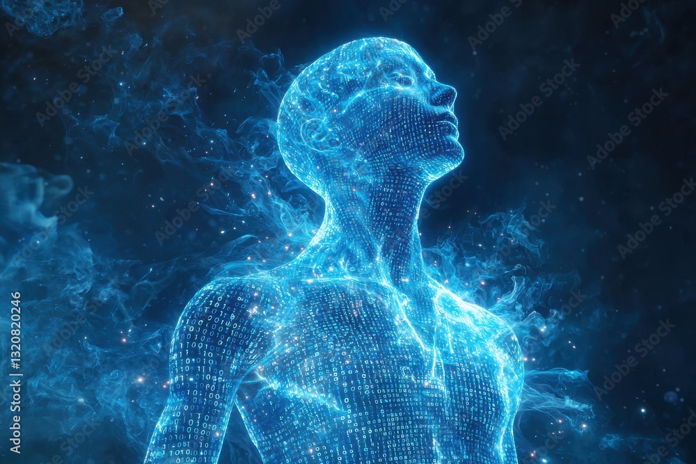 Poster human figure composed of binary code, illuminated in blue with flowing energy, representing artifici