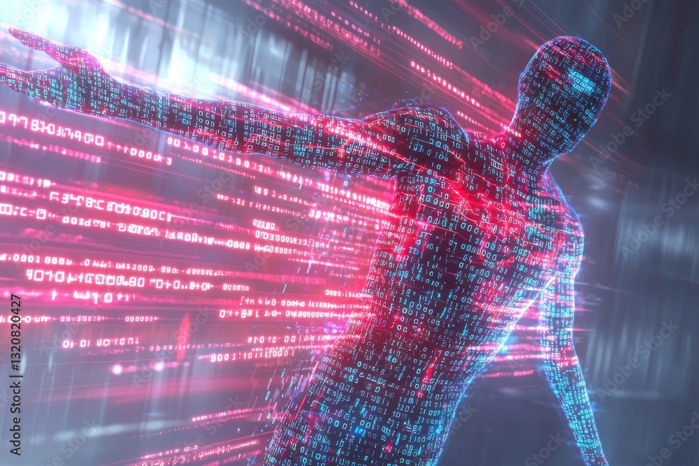 Poster abstract digital humanoid with binary code overlay, symbolizing artificial intelligence, data proces