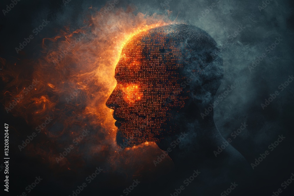 Poster a digital mind ablaze: human head filled with glowing binary code amidst swirling flames, representi