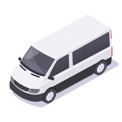 White cargo van in isometric style with black windows and details on a white background. Concept of delivery, transportation, and logistics. Vector illustration © GN.STUDIO