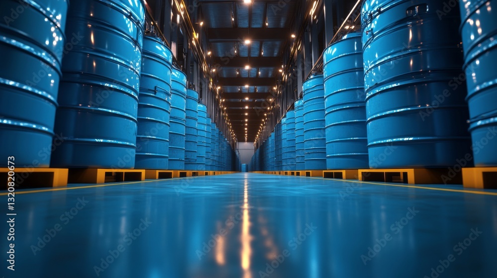 Poster rows of blue barrels line the polished floor of a petrochemical processing facility. the atmosphere 