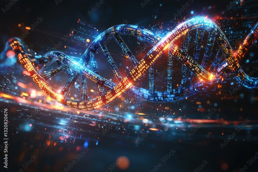 Poster a mesmerizing digital rendering of a dna strand with glowing binary code, symbolizing cutting-edge g