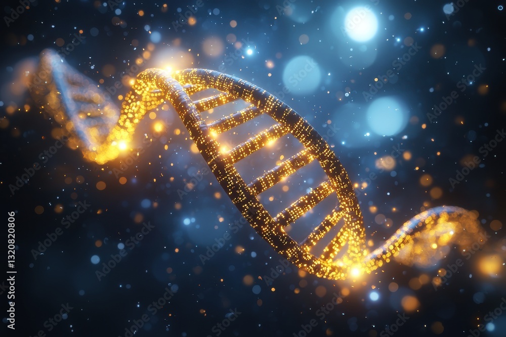 Aufkleber an abstract rendering of a glowing dna double helix with golden highlights and soft blue bokeh, repr
