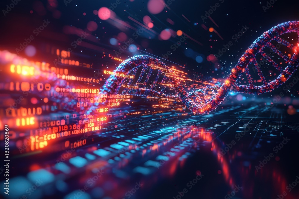 Aufkleber abstract dna structure on digital data stream background, representing advanced biotechnology, genet