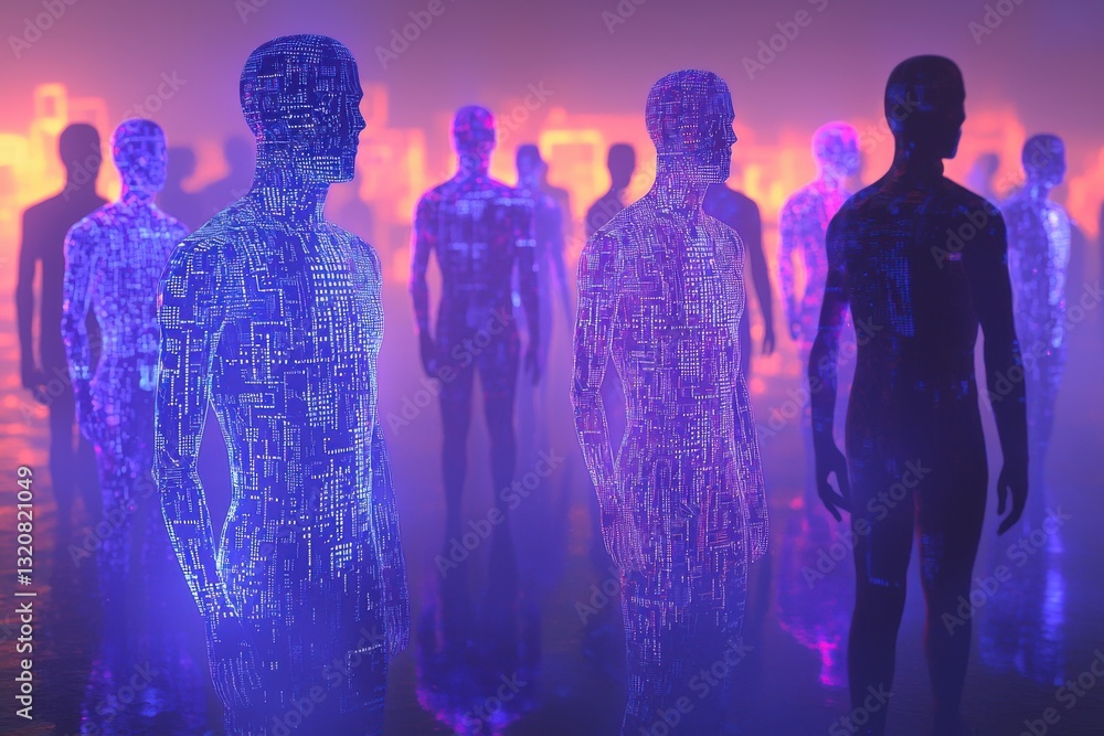Poster a futuristic depiction of artificial intelligence, showcasing a crowd of digital humanoids with glow