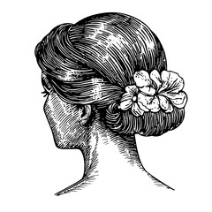 Elegant vintage hairstyle illustration featuring a floral accessory in a stylish bun for tattoo and packaging design