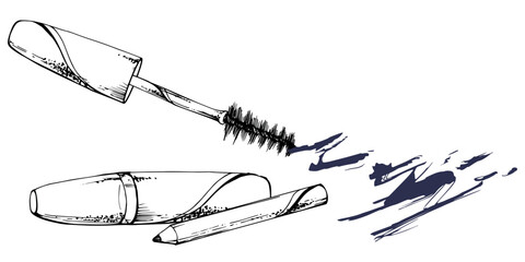 Make-up mascara tube smudge brush eyebrow eyelash pencil crayon liner. Isolated composition, detailed line vector sketch, ink hand drawn. Beauty parlor salon illustration, packaging, cosmetics shop