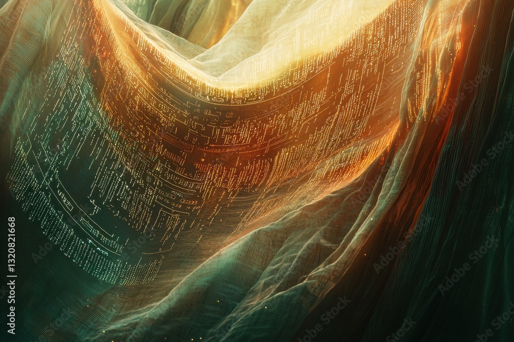 Poster an abstract textured landscape with embedded digital patterns and warm, luminous colors, symbolizing