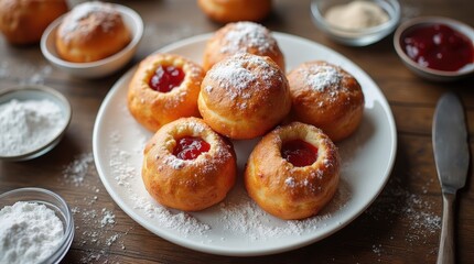 Fototapeta premium Enjoying freshly baked paczki filled with fruit jam on a rustic wooden table