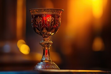 A gold and ruby red goblet with intricate details, bathed in warm light, antique chalice with ornamental carvings, reminiscent of royalty and tradition.