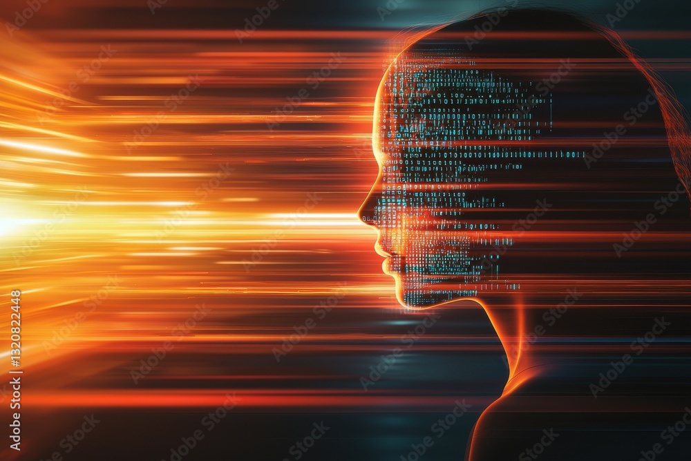 Poster futuristic digital profile of a woman with binary code and motion blur, symbolizing artificial intel