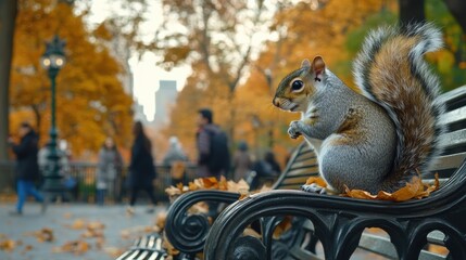 Obraz premium Squirrel Sitting on a Park Bench Surrounded by Autumn Leaves and a Vibrant Seasonal Landscape