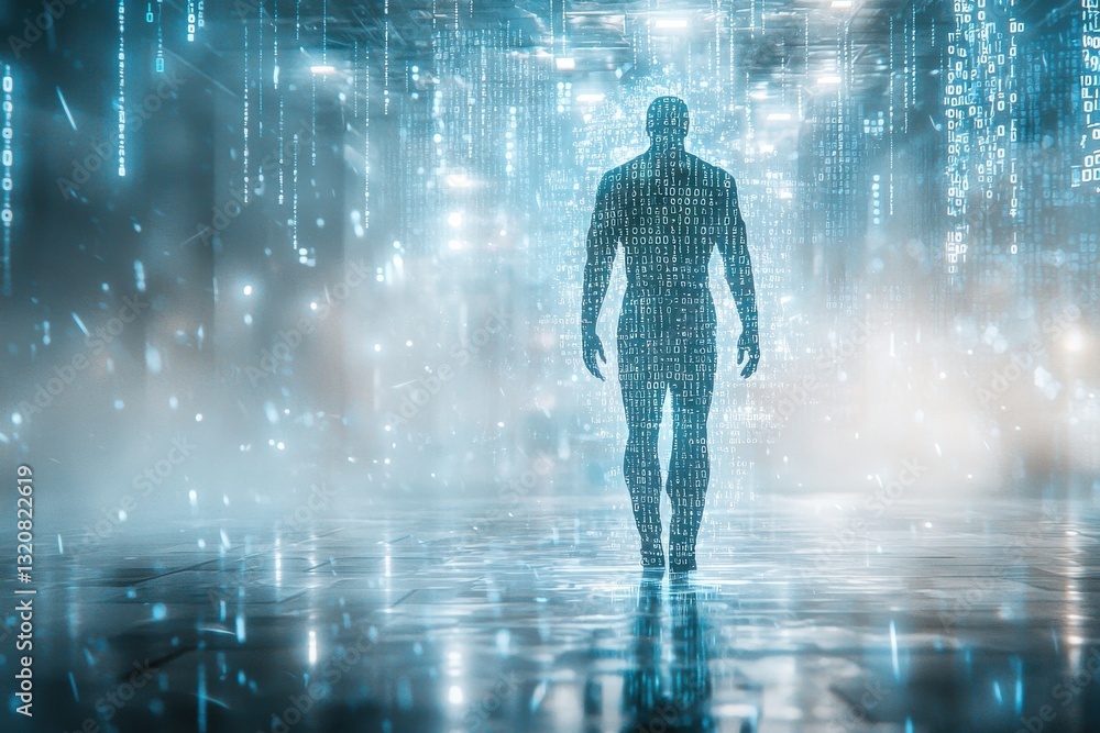 Poster a futuristic representation of a human figure composed of digital data, standing in a virtual space 