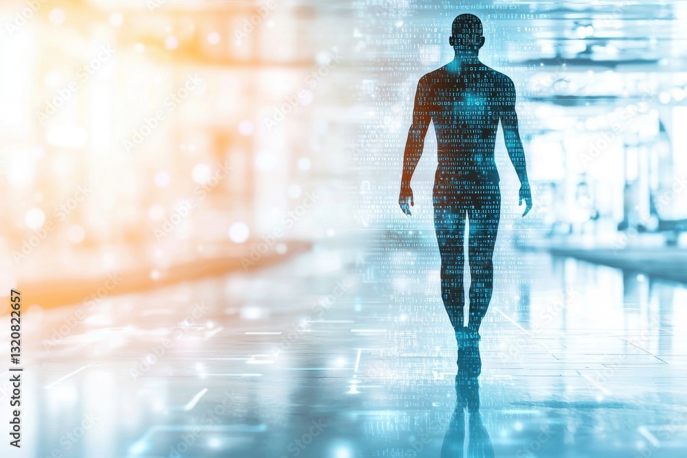 Aufkleber silhouette of a digital human walking in a futuristic illuminated corridor, a representation of arti