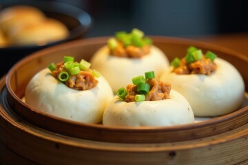 Steamed baozi buns, pork filling, spring onions, street food market , steamed, vegetable, bun