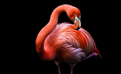 Flamingo Preening Feathers on Black Background for Wildlife Photography and Designs