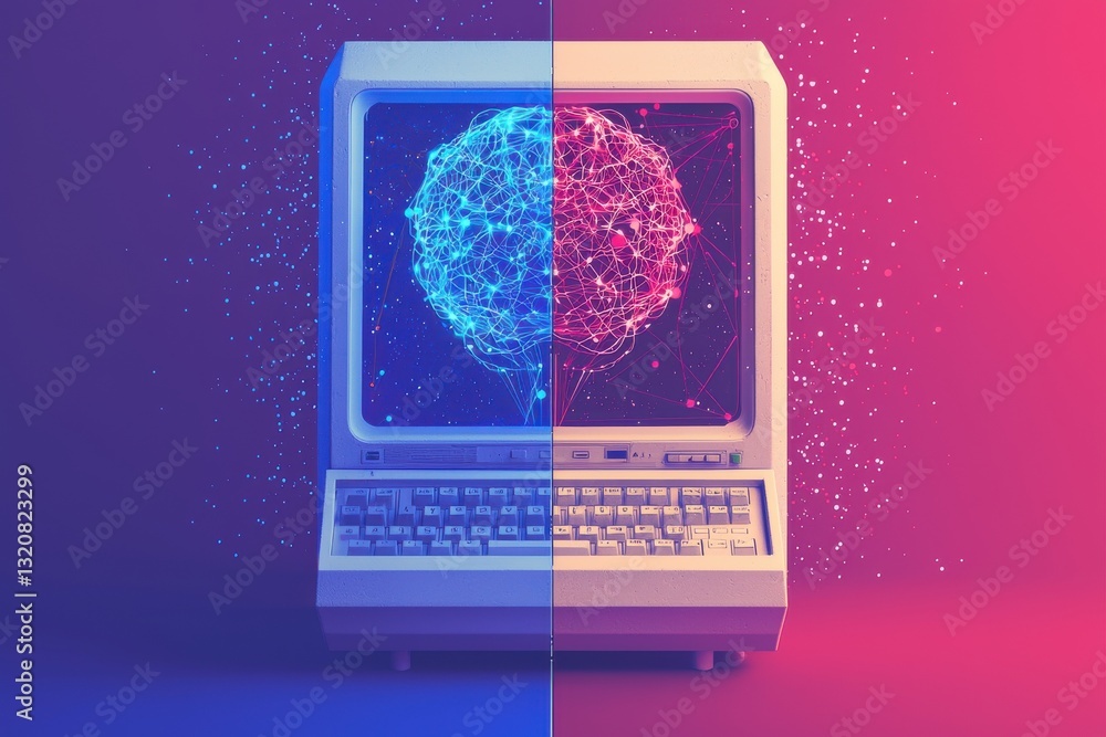 Poster nostalgic image of a vintage computer displaying a futuristic digital brain concept split between bl