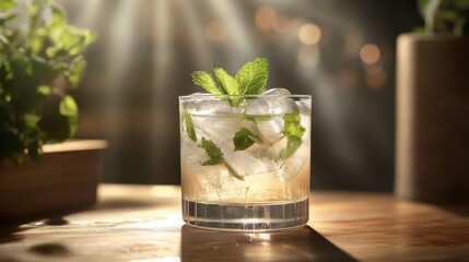 A modern, elegant clear glass filled with a refreshing beverage, highlighted by cool ice cubes and a vibrant mint garnish for summer refreshment.