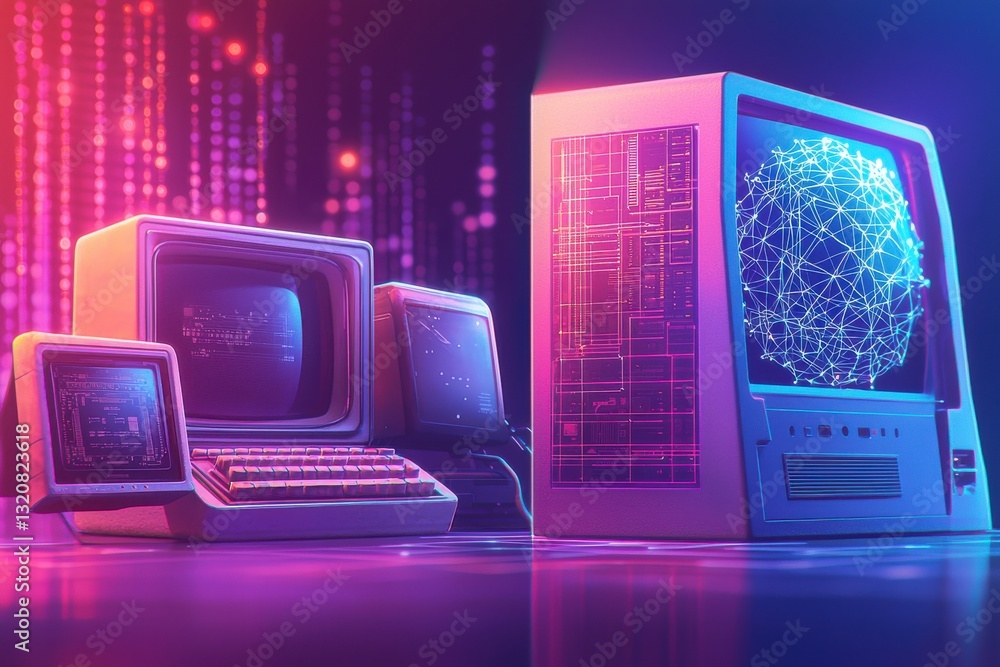 Poster futuristic retro computer setup displaying a neural network, bathed in neon lights, representing the