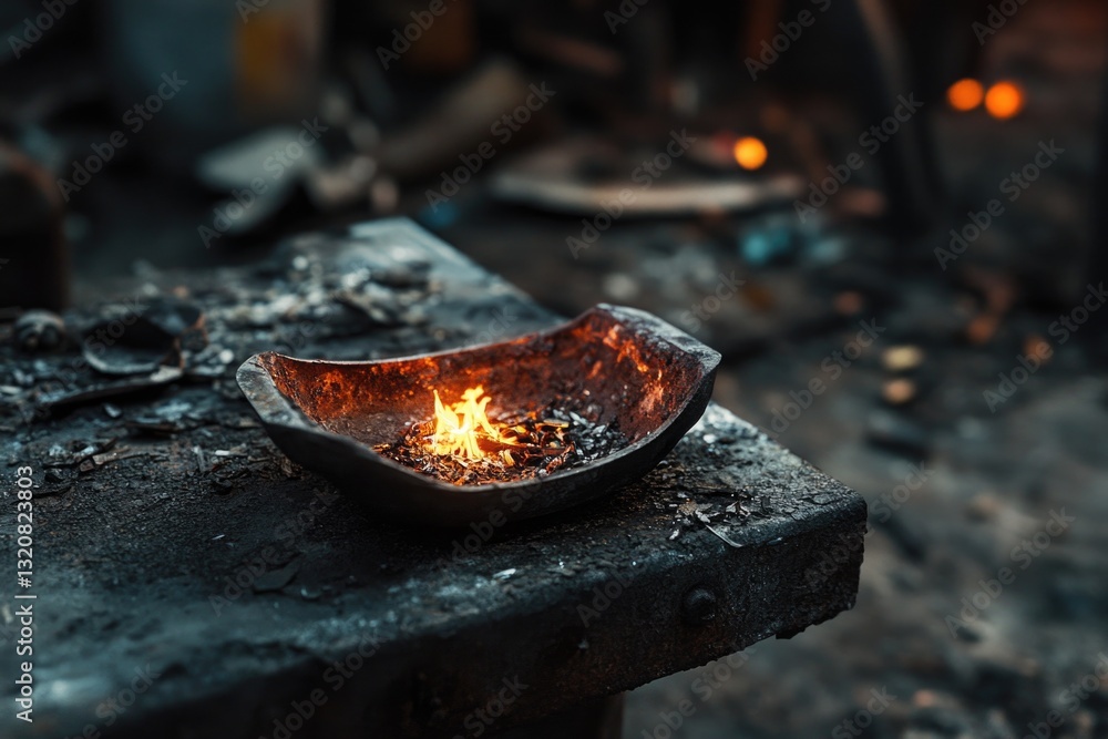 Poster a metal bowl containing a burning flame, perfect for use in conceptual scenes or as a prop in a stil