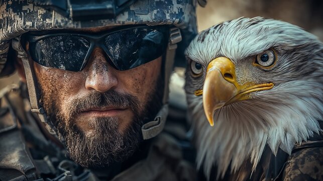 Bearded soldier and bald eagle close-up
