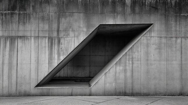 Black and white photograph of a concrete wall with a triangular shape in the center. the wall appears to be made of concrete and has a rough texture.