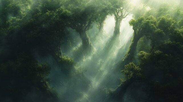 Misty, sunlit forest canopy. Lush trees intertwined