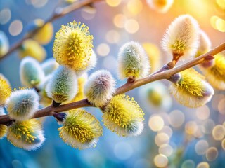 Fototapeta premium Close-Up Panoramic of Fluffy Willow Buds, Soft Blurred Background - Spring Nature Photography