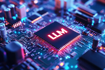 Fototapeta premium Large language model concept, the letters LLM on a circuit board representing generative artificial intelligence.