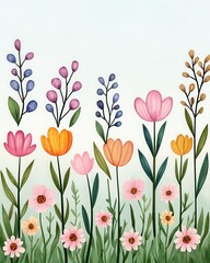 Obraz premium A vibrant illustration of various colorful flowers in a garden-like setting, showcasing a variety of shapes and shades.